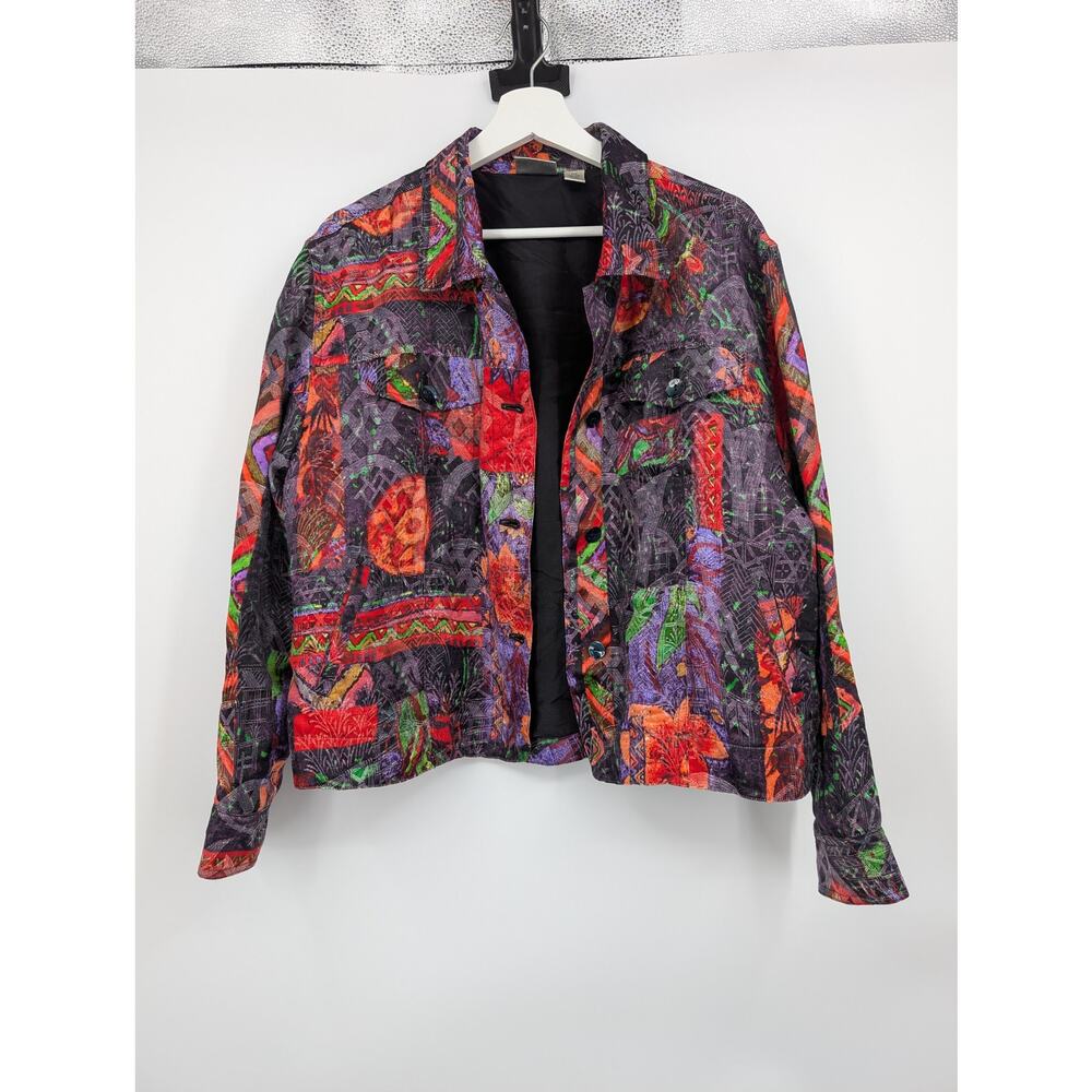 Chico's Silk Linen Multicolor Jacket Pockets Women's 2 - Large Art to Wear
